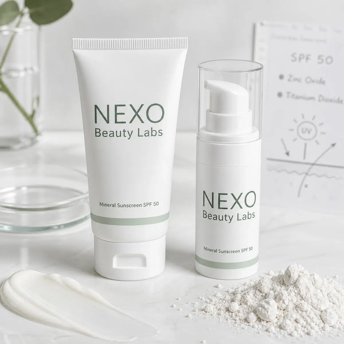 NEXO Beauty Labs mineral sunscreen texture and cream finish product samples