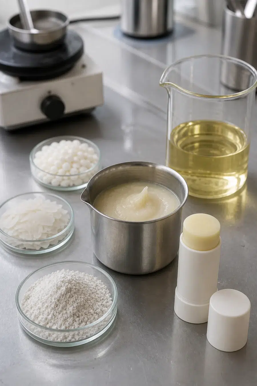 Sunscreen stick wax and skin-feel material structuring process