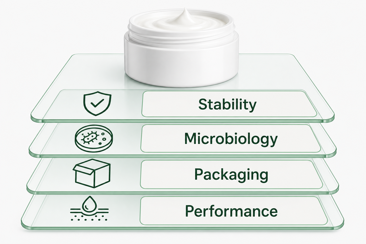 Stability, microbiology, packaging and performance evidence stack
