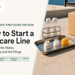 Sample vials, bottle components, closures and a carton on a NEXO batch-check bench, illustrating a guide to starting a skincare line. Source: NEXO Beauty Labs.