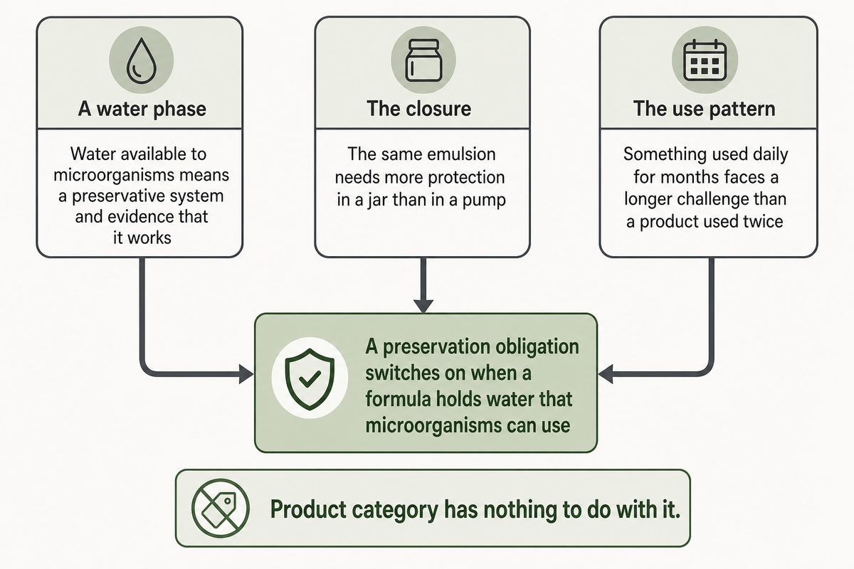 Diagram showing water phase, closure and use pattern converging on a skincare preservation obligation. Source: NEXO guide.
