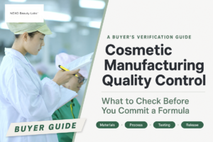 A NEXO quality worker reviews manufacturing records for cosmetic quality control. Source: NEXO Beauty Labs.