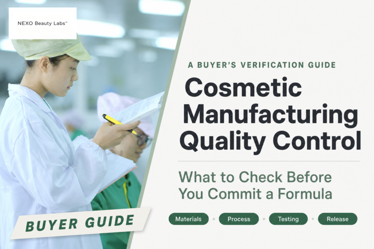 A NEXO quality worker reviews manufacturing records for cosmetic quality control. Source: NEXO Beauty Labs.
