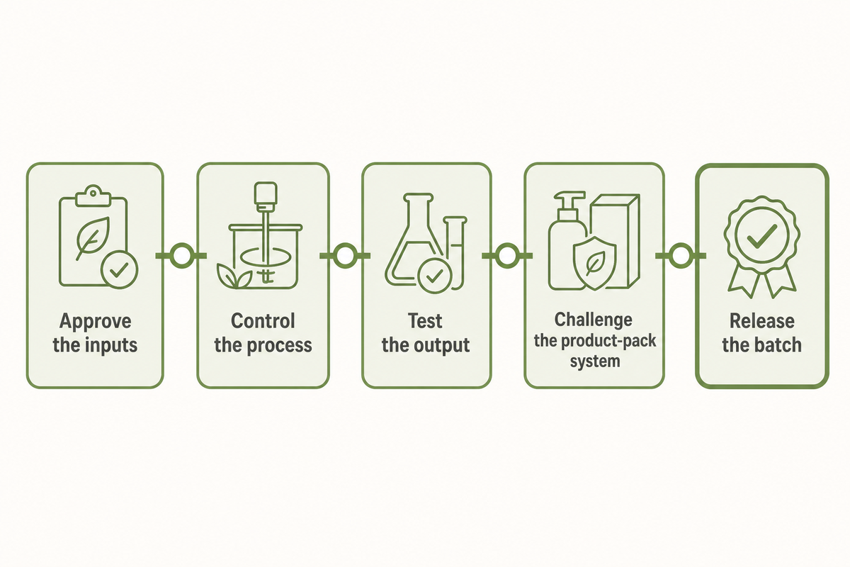 Five linked cosmetic quality-control points run from input approval through process control, output testing and product-pack challenge to batch release. Source: NEXO editorial fram