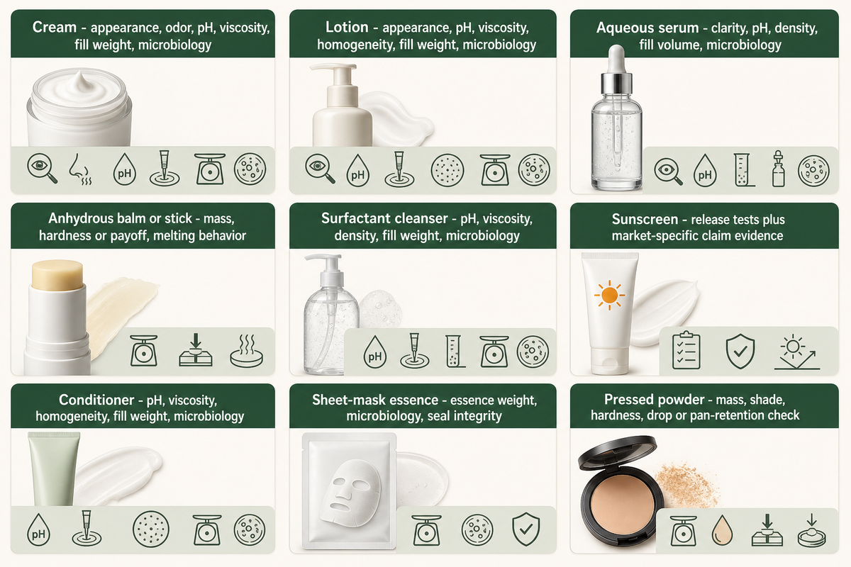 A nine-format cosmetic quality-control matrix maps creams, lotions, serums, balms, cleansers, sunscreens, conditioners, sheet masks and pressed powders to relevant release evidence