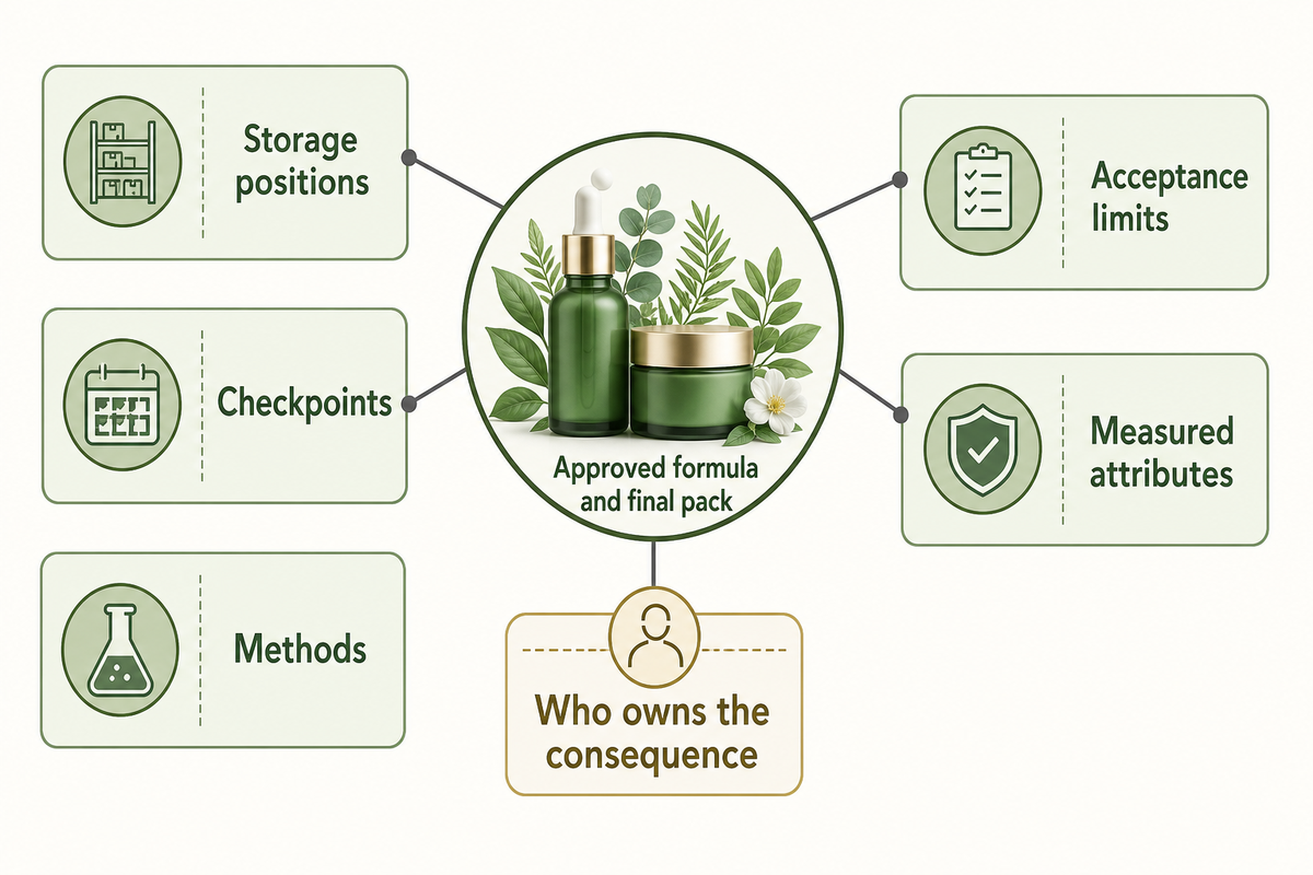 A cosmetic stability protocol connects the approved formula and final pack to conditions, checkpoints, methods, limits and launch-risk ownership. Source: NEXO editorial framework.