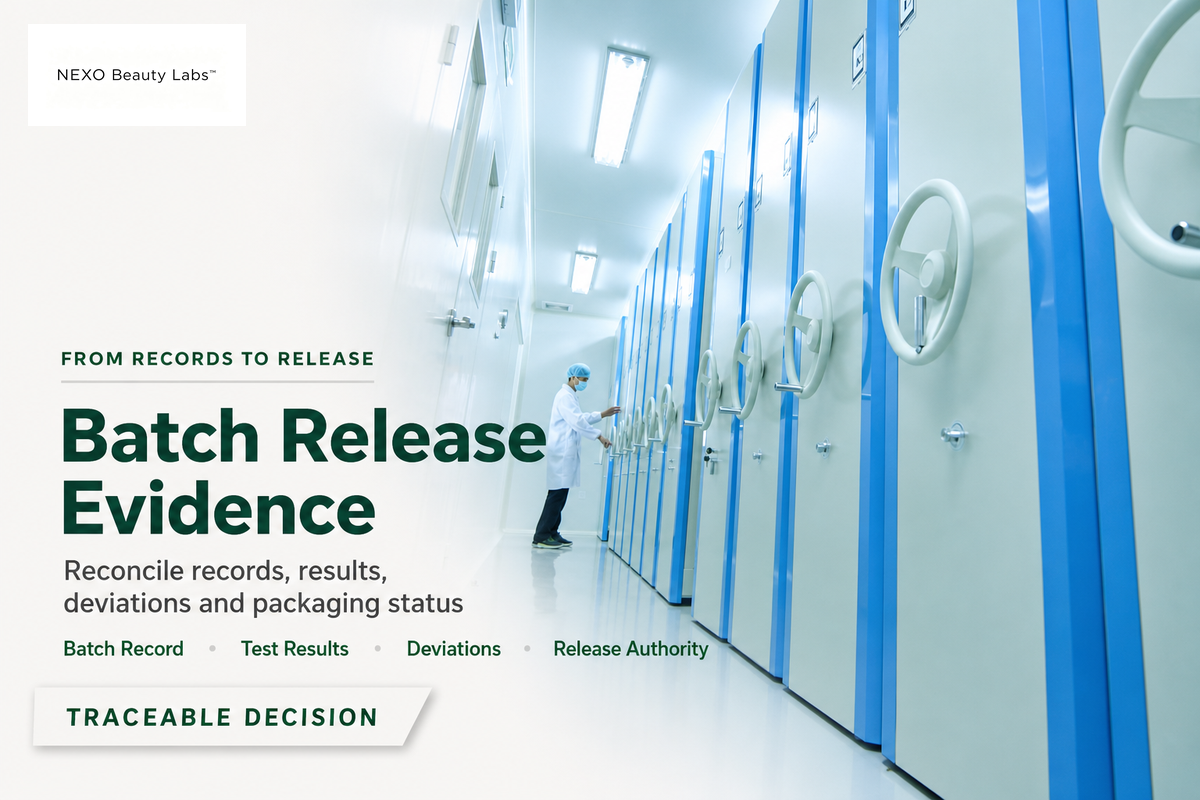 A cosmetic sample retention room illustrates traceable records and retained evidence behind batch release. Source: NEXO Beauty Labs.
