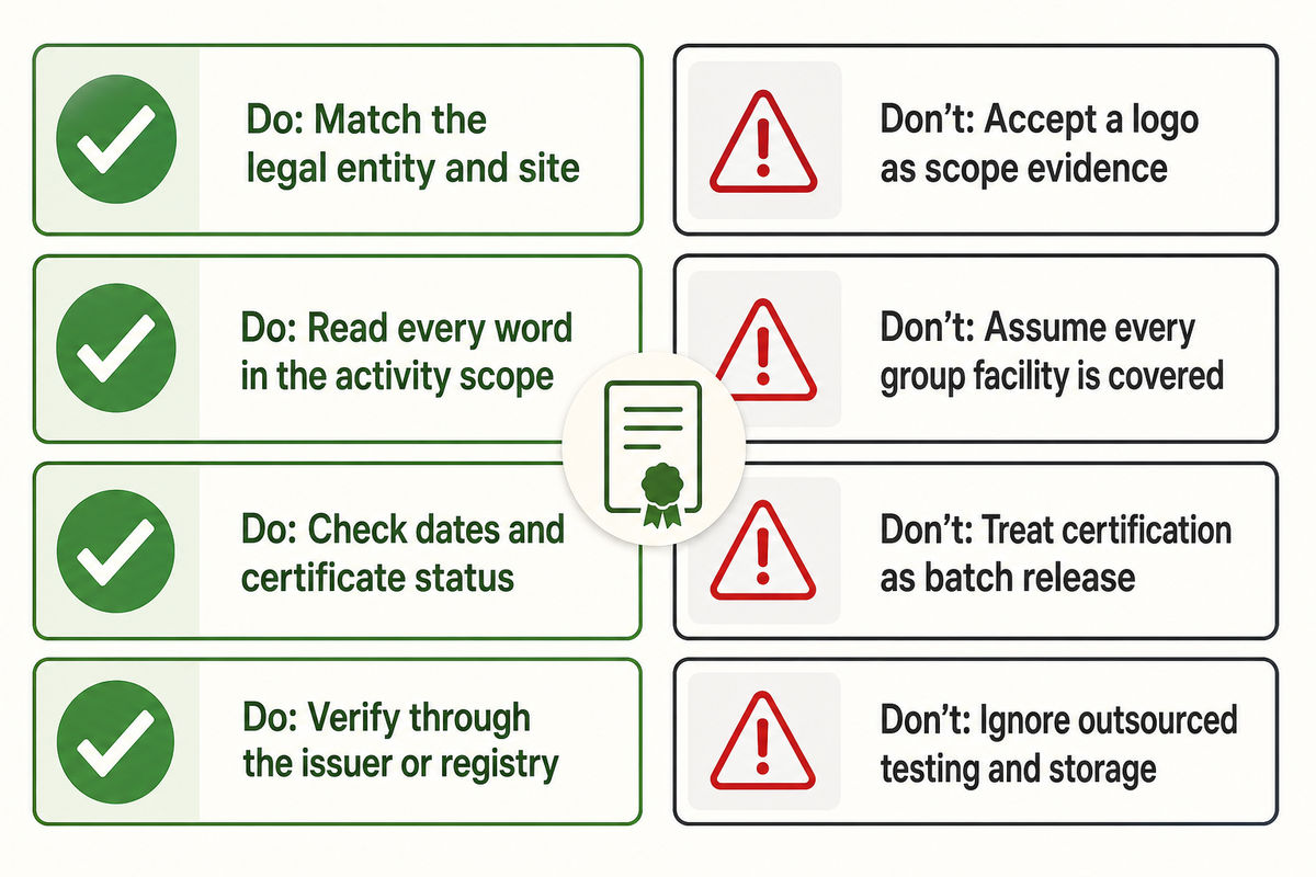 The Scope-Before-Certificate Rule compares four certificate checks with four assumptions a cosmetic buyer should avoid. Source: NEXO editorial framework.