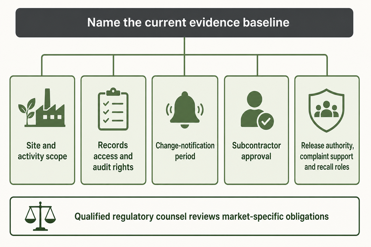 A cosmetic manufacturing contract should name the current evidence baseline and define scope, records access, change notice, subcontractor approval, release authority and recall ro