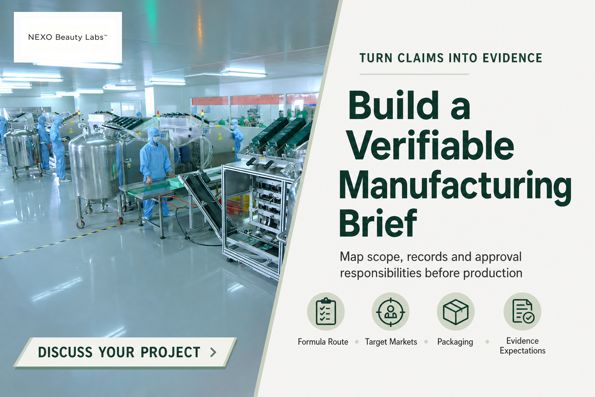 A NEXO cosmetic production workshop illustrates the move from a verifiable manufacturing brief to commercial production. Source: NEXO Beauty Labs.