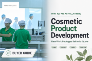 Cosmetic product development divides into nine work packages that a buyer can price separately. Source: NEXO Beauty Labs guide.