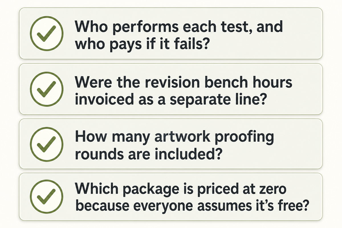 Four questions cover test ownership, uninvoiced bench hours, artwork proofing rounds and packages priced at zero. Source: NEXO editorial framework.