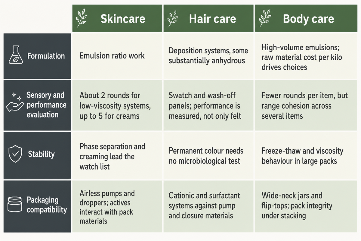 Formulation, evaluation, stability and packaging compatibility each behave differently in skincare, hair care and body care, from emulsion ratio work to deposition systems to freez