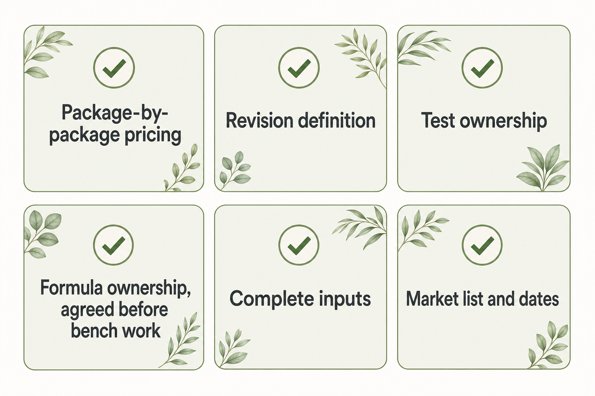A comparable request covers package pricing, revision definition, test ownership, formula ownership, complete inputs, and market list and dates. Source: NEXO editorial framework.