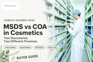 MSDS vs COA in cosmetics: a certificate of analysis reports one batch, a safety data sheet reports hazard. Source: NEXO Beauty Labs guide.
