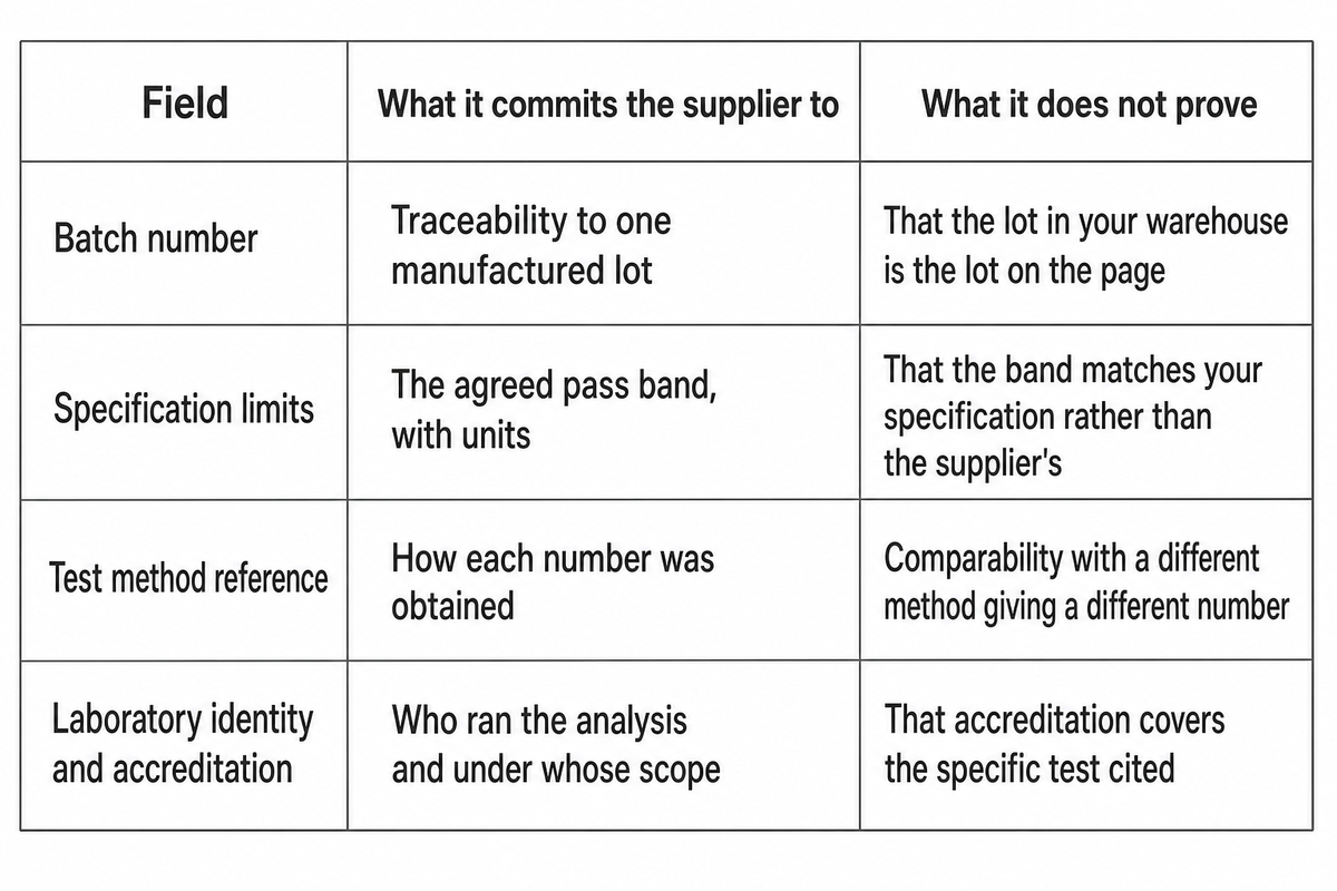 Four certificate fields with what each commits the supplier to and what it does not prove. Source: NEXO Beauty Labs guide.
