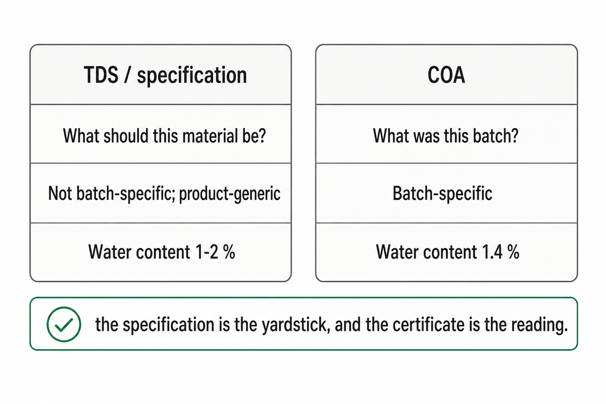 The specification bands water content at 1-2 percent; the certificate reports 1.4 percent for one batch. Source: NEXO Beauty Labs guide.