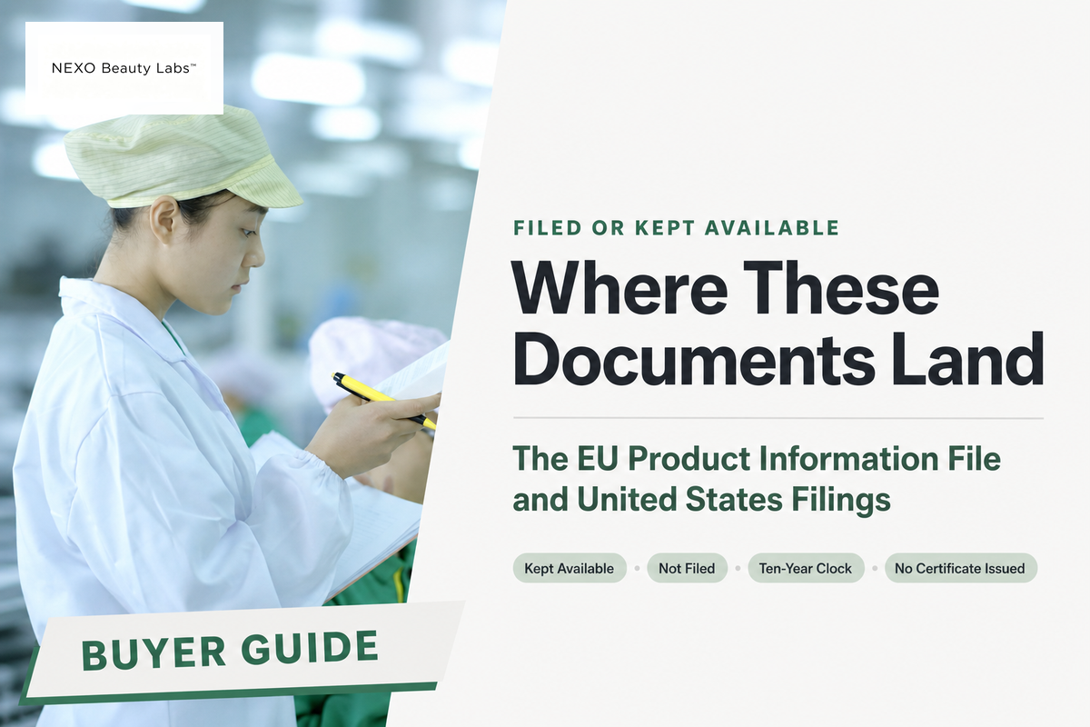 Neither document is filed with a regulator: Europe keeps a product information file, the United States registers and lists. Source: NEXO Beauty Labs guide.