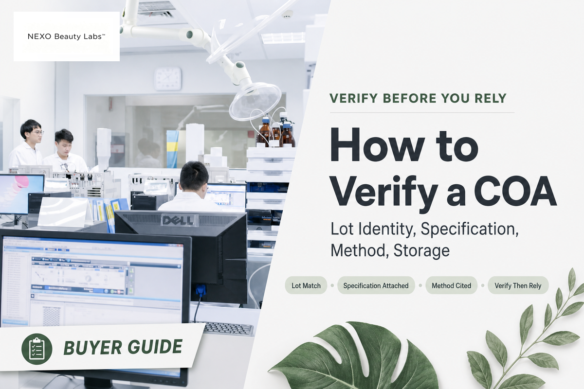 Poster headed How to Verify a COA over a photograph of NEXO's quality control instrument room: chromatography instrument stacks with amber solvent bottles, staff in lab coats at wo