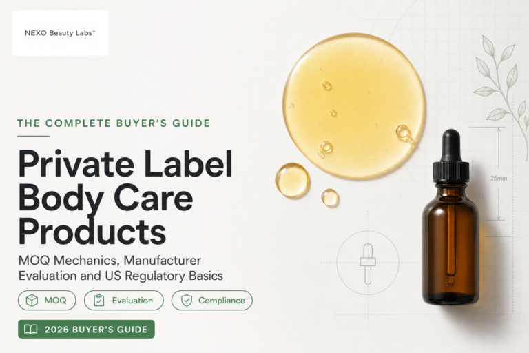 Private label body care products buyer's guide covering MOQ mechanics, manufacturer evaluation and US regulatory basics.
