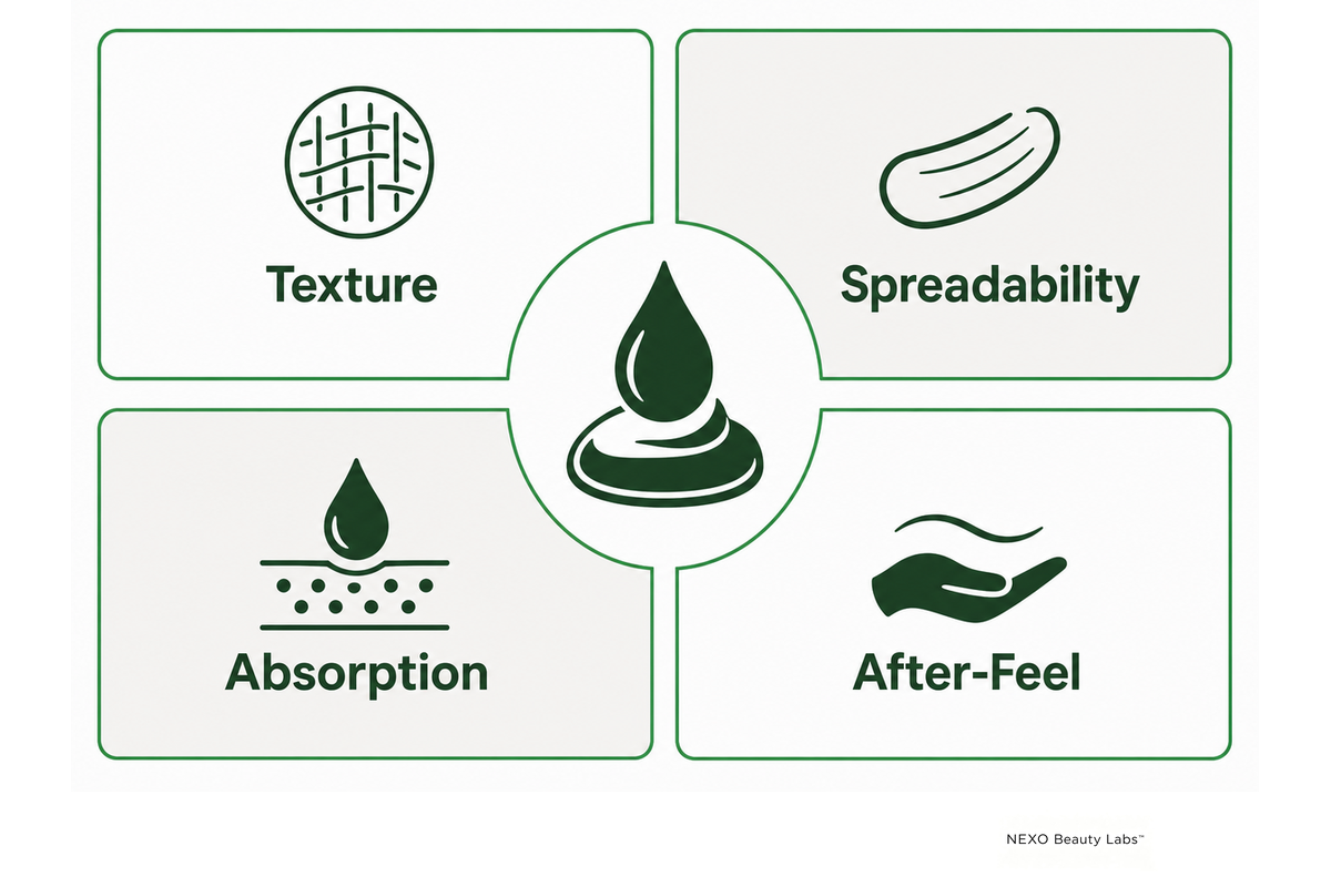 Four sensory evaluation dimensions for body care texture: texture, spreadability, absorption, and after-feel.
