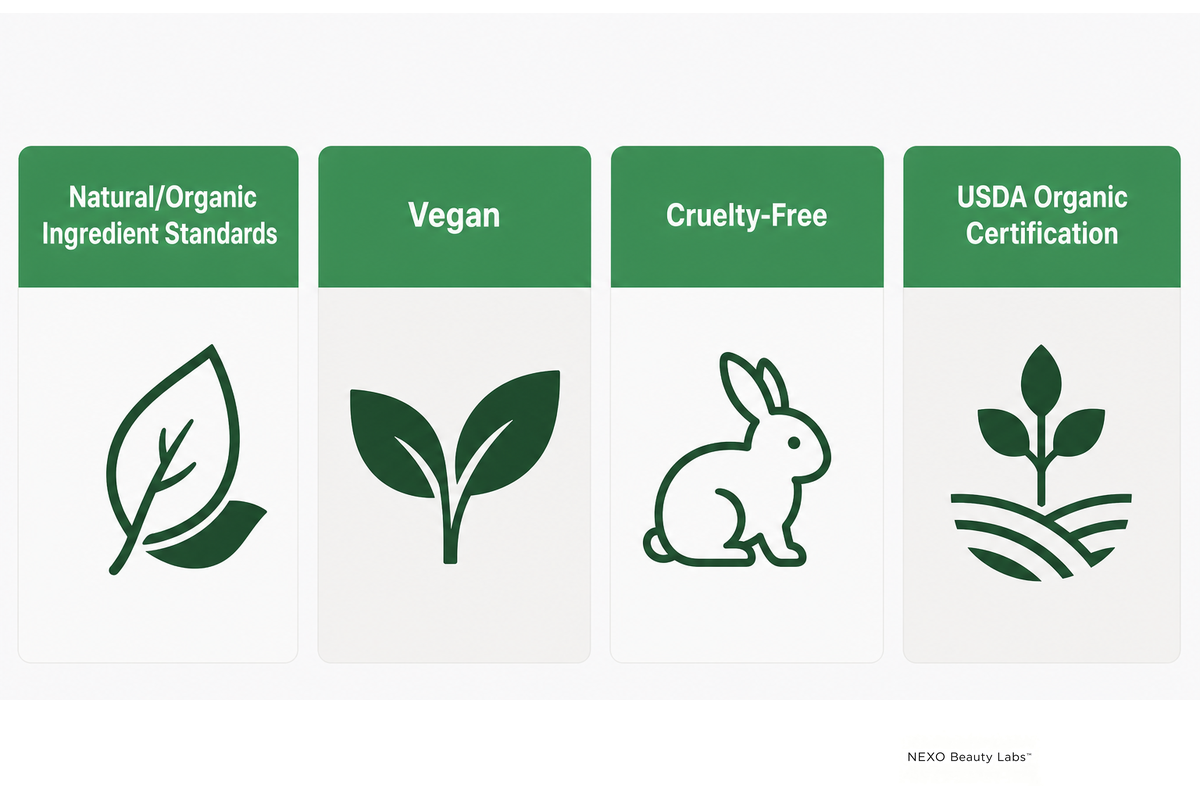 Four separate body care claims needing their own evidence: natural/organic standards, vegan, cruelty-free, USDA Organic.