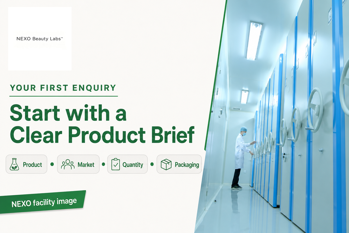 NEXO sample-retention room with product, market, quantity and packaging brief inputs