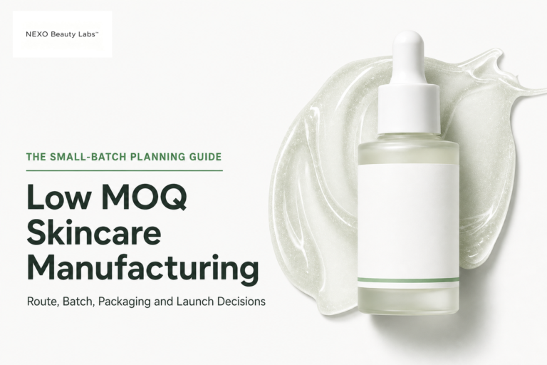 Low MOQ skincare manufacturing guide covering route, batch, packaging and launch decisions.