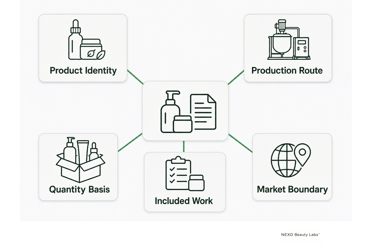 Five-part definition of a skincare MOQ covering product, route, quantity, work and market.