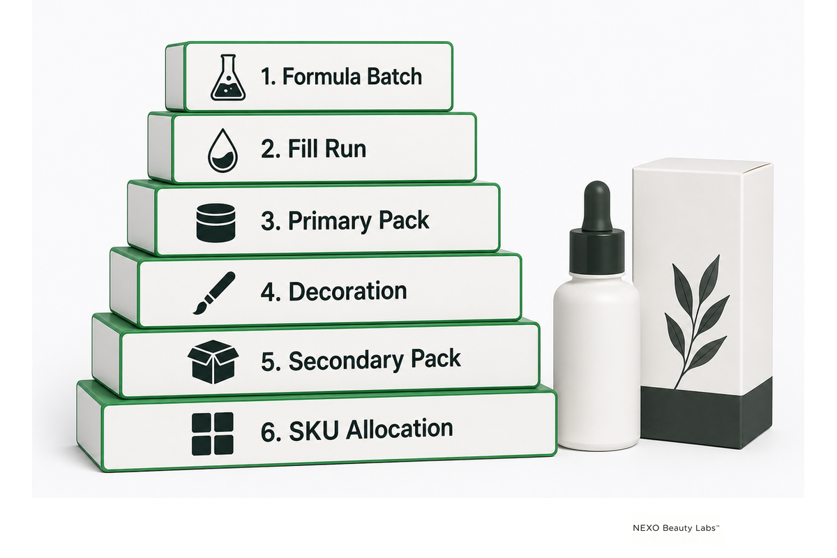 Six-floor skincare MOQ constraint stack from formula batch to SKU allocation.