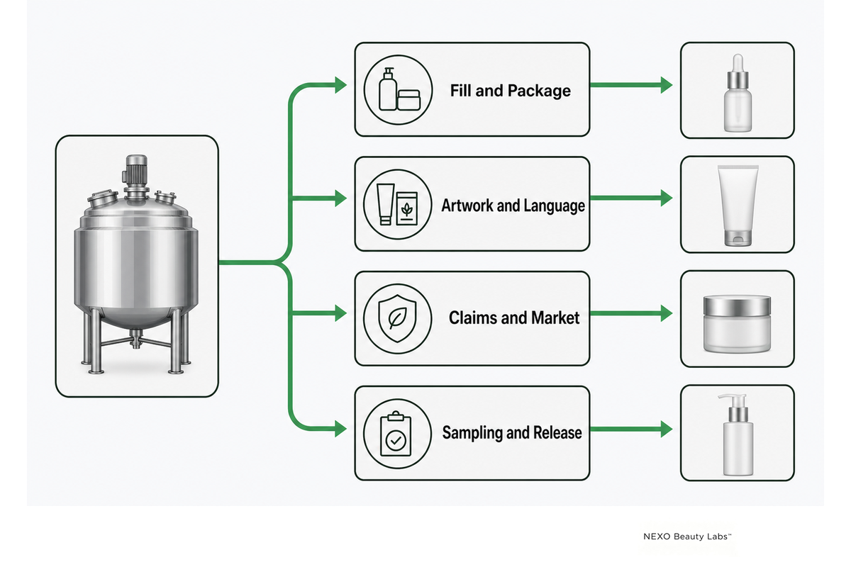 Bulk skincare batch divided by package, artwork, market and release controls into usable SKUs.
