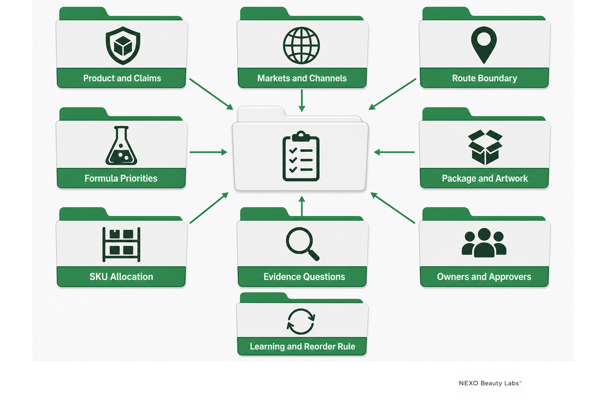 Nine-field skincare manufacturing brief covering product, market, route, package and evidence.