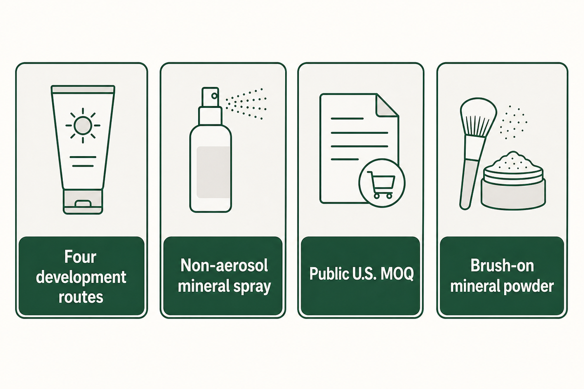 Vier Bezugswege für mineralische Sonnenschutzmittel: Entwicklungsplattformen, Pumpspray, veröffentlichte Mindestbestellmenge und auftragbarer Puder.