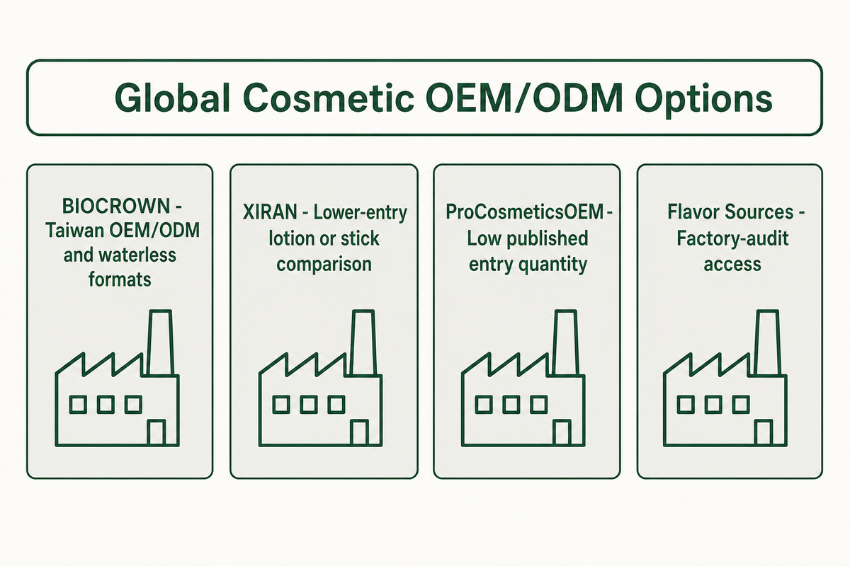 Vier globale Kosmetik-OEM-Entwicklungswege in Taiwan und China mit unterschiedlichen Formaten und geschäftlichen Einstiegsbedingungen.
