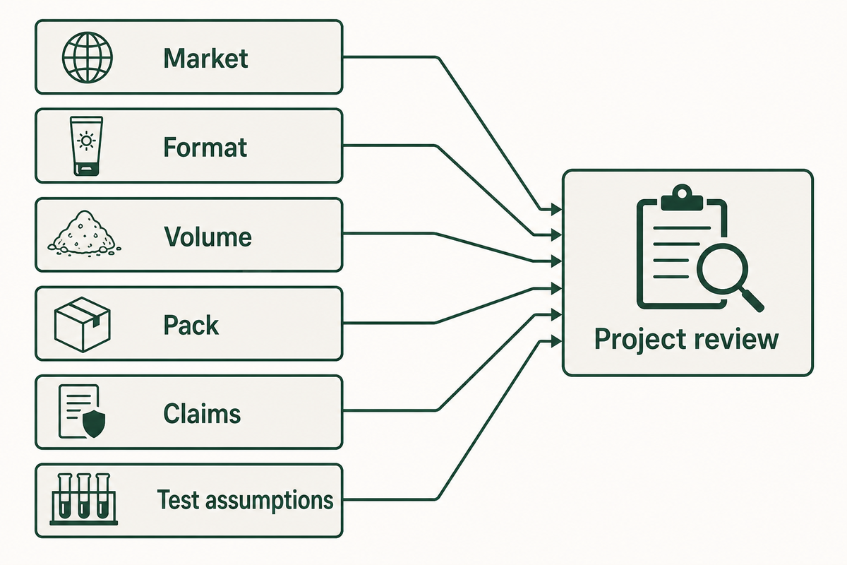 Angaben für die Projektprüfung: Markt, Format, Volumen, Verpackung, Werbeaussagen und aktuelle Annahmen zu Prüfungen.