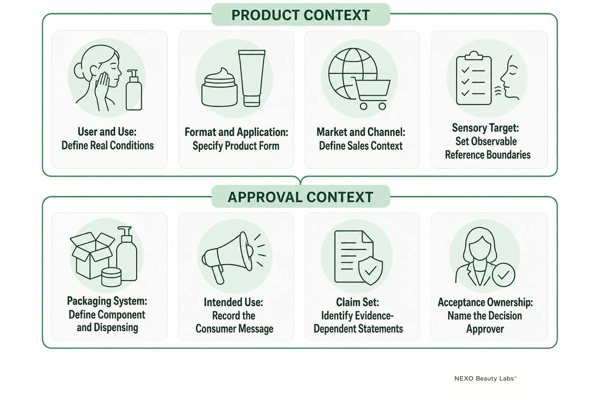 A product brief fixes use, pack, claims and approval context.